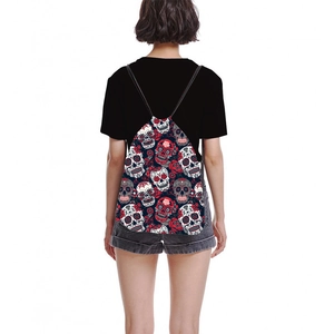 Drawstring cinch backpack with Mexican sugar skull and red rose floral print on white background