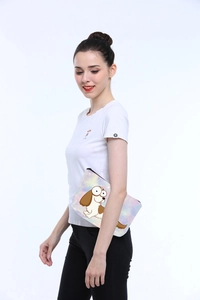 Detailed view of corgi pattern travel makeup bag with smooth zipper closure and space nebula print
