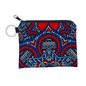 Detail of water-resistant coin purse with colorful mandala pattern and metal keyring