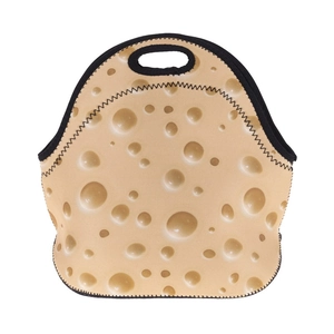 Close-up of neoprene lunch bag with yellow Swiss cheese pattern and black stitching
