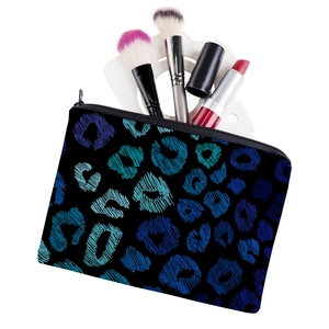 Square leopard print makeup bag with vibrant blue graffiti pattern and zip closure