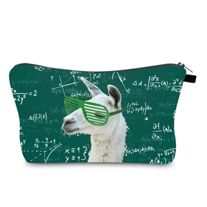Macro detail of waterproof green wash bag with alpaca print and zipper closure