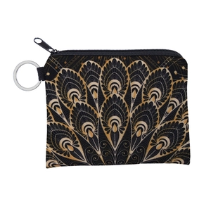 Detail of bohemian mandala coin purse with golden peacock feather pattern and key ring