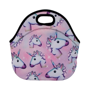 Detailed view of neoprene lunch bag featuring cartoon unicorn pattern and black handle