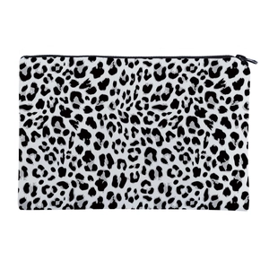 Stylish leopard print makeup bag with black zipper closure and white leopard pattern