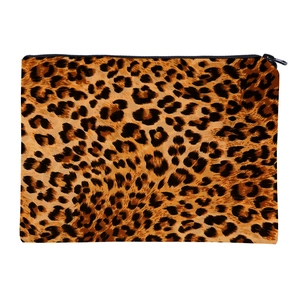 Macro view of leopard print oxford fabric texture and durable black zipper detail