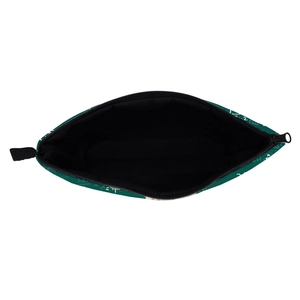 Waterproof toiletry bag with dark green mathematical prints and top zipper closure