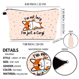 Waterproof polyester Corgi print makeup bag with dimensions and detailed functional views