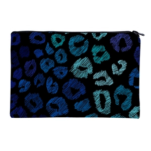 Square makeup bag with blue leopard print and top zipper for portable travel storage