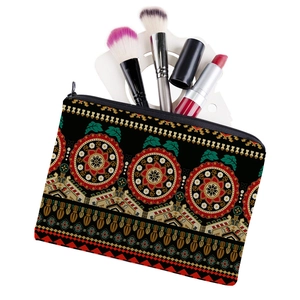 Square Oxford fabric mandala print makeup bag with bohemian patterns and black zipper closure