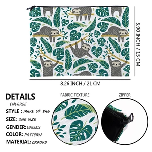 Square sloth print makeup bag made of durable oxford fabric with black zipper closure