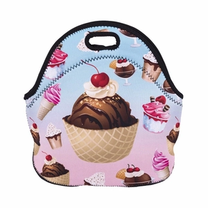 Macro shot of waterproof neoprene lunch bag with sweet ice cream print and handle