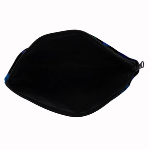 Square travel makeup bag with purple leopard print and black metal zipper closure