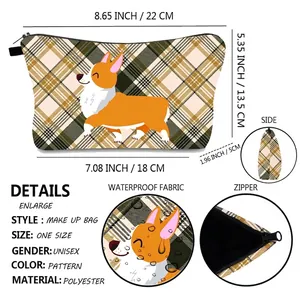Waterproof Corgi print makeup bag with dimensions and size chart for travel storage