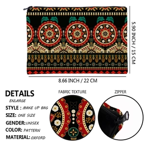Mandala pattern oxford fabric makeup bag with zipper closure and dimensions display
