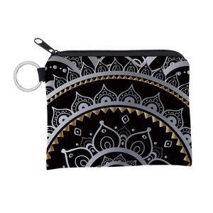 Detail of waterproof mandala coin purse with durable metal zipper and hanging ring hook