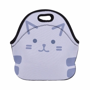 Detail view of purple cat printed neoprene lunch bag with durable oval handle grip