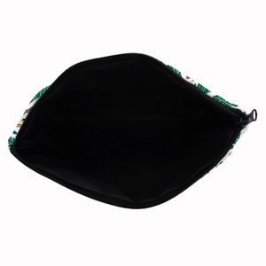 Square portable cosmetic bag with tropical palm leaf print and black zipper closure