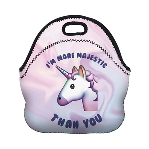 Detail of pink marble neoprene lunch bag with unicorn print and majestic slogan