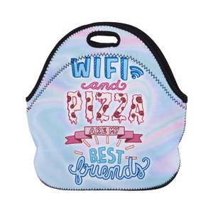 Detail of neoprene lunch bag with purple tie-dye pattern and pizza themed quote