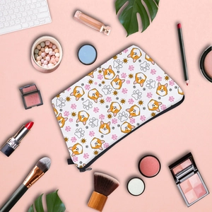 Trousse de maquillage étanche motif Corgi avec fermeture éclair sur fond rose élégant