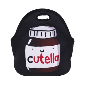 Close-up of black neoprene lunch bag with a cartoon cutella illustration and durable handle