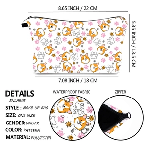 Trousse à maquillage imperméable en polyester avec imprimé Corgi et dimensions