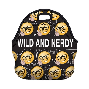 Detail of waterproof neoprene lunch bag with wild and nerdy print and math formulas