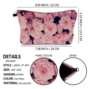 Waterproof floral rose print travel makeup bag made of polyester with zipper and dimensions