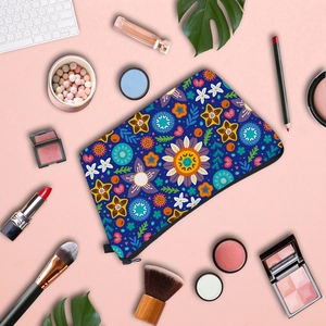 Waterproof mandala floral makeup bag with top zipper on aesthetic desk setup