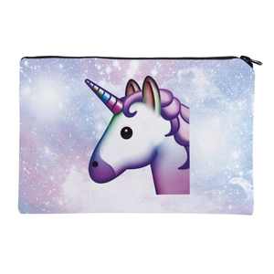 Detail view of unicorn emoji print on star galaxy canvas makeup bag with black zipper