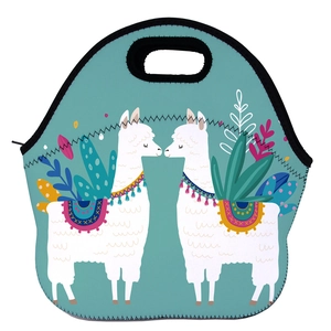 Close-up of neoprene lunch bag featuring cartoon llama print and durable black handles