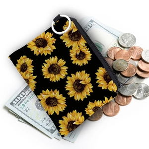 Portable sunflower print coin purse with black zipper for coins keys and earphones