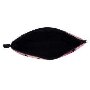 Flat lay of floral rose pattern makeup bag with black zipper and side handle on white background