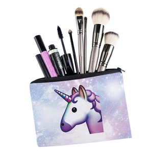 Square unicorn print oxford cloth makeup bag with cosmetic brushes inside for travel