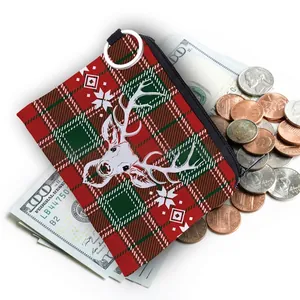 Christmas reindeer print coin purse with red and green plaid pattern and keychain hook