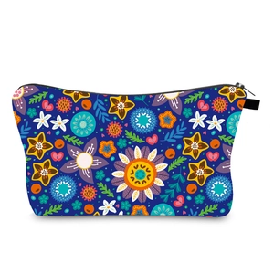Waterproof portable travel makeup bag with colorful floral print and black zipper