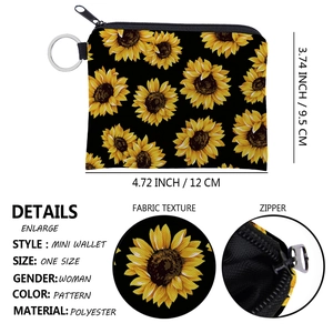 Detail view of sunflower coin purse showing dimensions, polyester fabric and metal keychain
