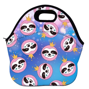 Detail of neoprene lunch bag with crown sloth print and smooth zipper closure