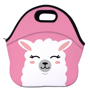 Pink neoprene lunch bag featuring a cute white alpaca print and durable black handles