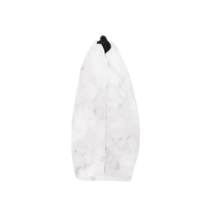 Detailed side view of water-resistant makeup bag with marble pattern and black zipper