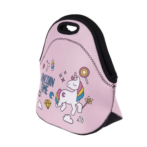 Pink neoprene lunch bag featuring colorful unicorn print and Unicorn Time text design