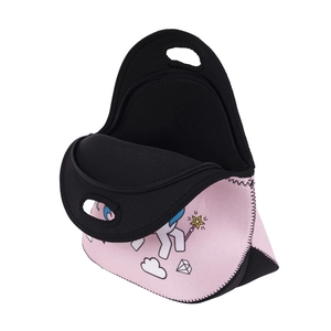 Pink unicorn neoprene lunch bag for kids with insulated waterproof storage space