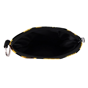 Portable sunflower print coin purse with a secure black zipper and a metal keychain ring