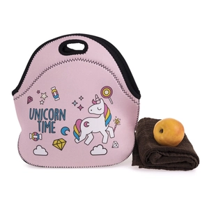 Pink neoprene lunch bag with unicorn print and soft handle for picnic and school