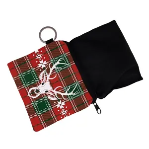 Waterproof Christmas elk coin purse with red plaid pattern and key ring attachment