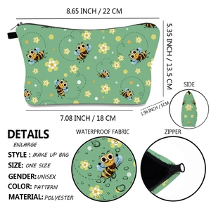 Waterproof polyester bee print cosmetic travel bag with zipper and detailed dimensions