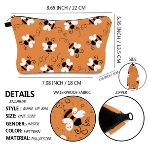 Detail of waterproof polyester makeup bag with honeybee pattern and black metal zipper