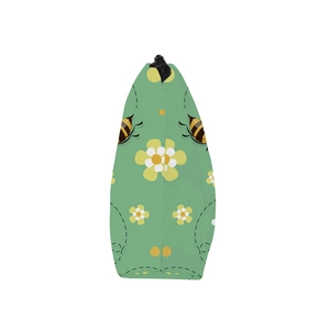 Detail view of water-resistant green makeup bag with bee and floral print and zipper