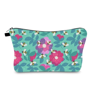 Waterproof Polyester Makeup Bag With Bee Floral Print Travel Toiletry Organizer Handbag Portable Wash Bag For Women